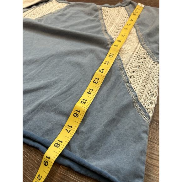 Boho Lace Crochet Raglan Crop Top Blue Cream Western Festival Free People Style - Picture 7 of 7